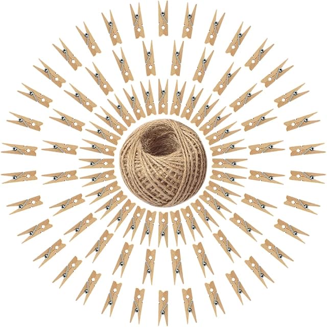 jijAcraft 100 Pcs Mini Natural Wooden Baby Clothespins with 100 Feet Jute Twine, 3.5cm Craft Photo Clips for Home School Arts Crafts Decor