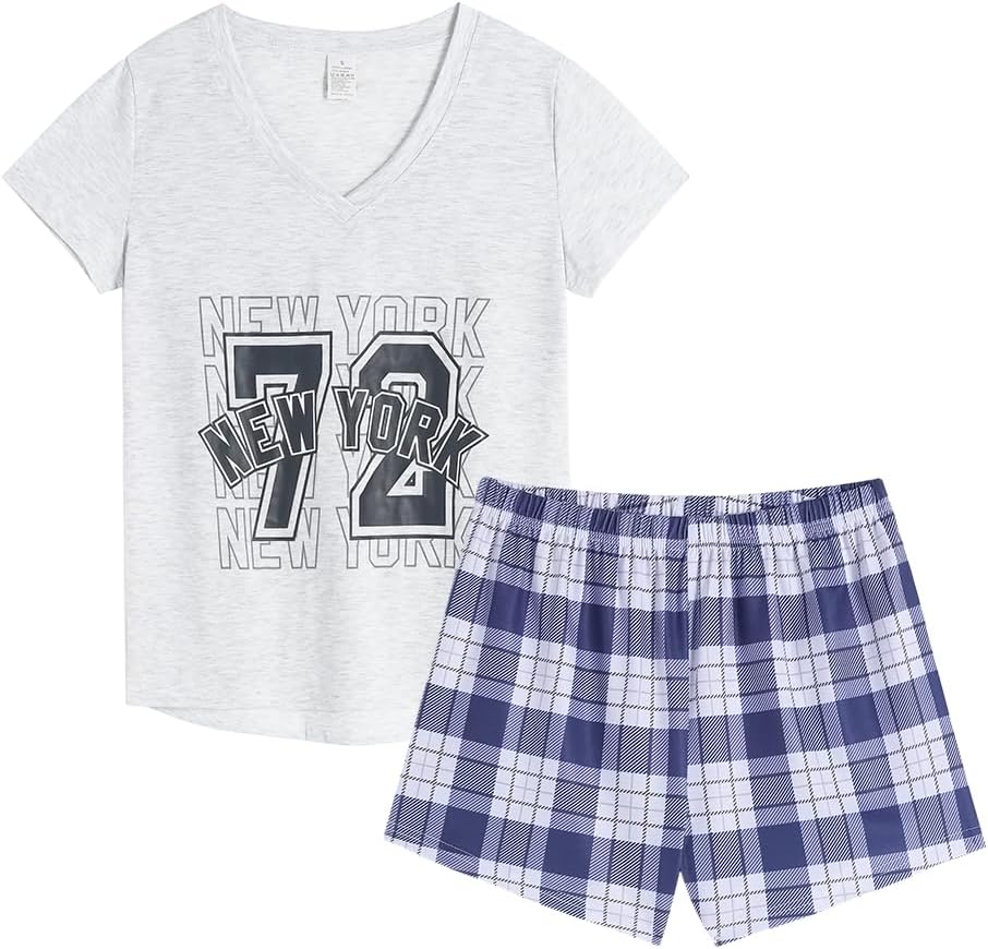 VENTELAN Pajama Set For Women Cute PJS Summer Short Sleeve Shorts Sleepwear Medium Grey-72