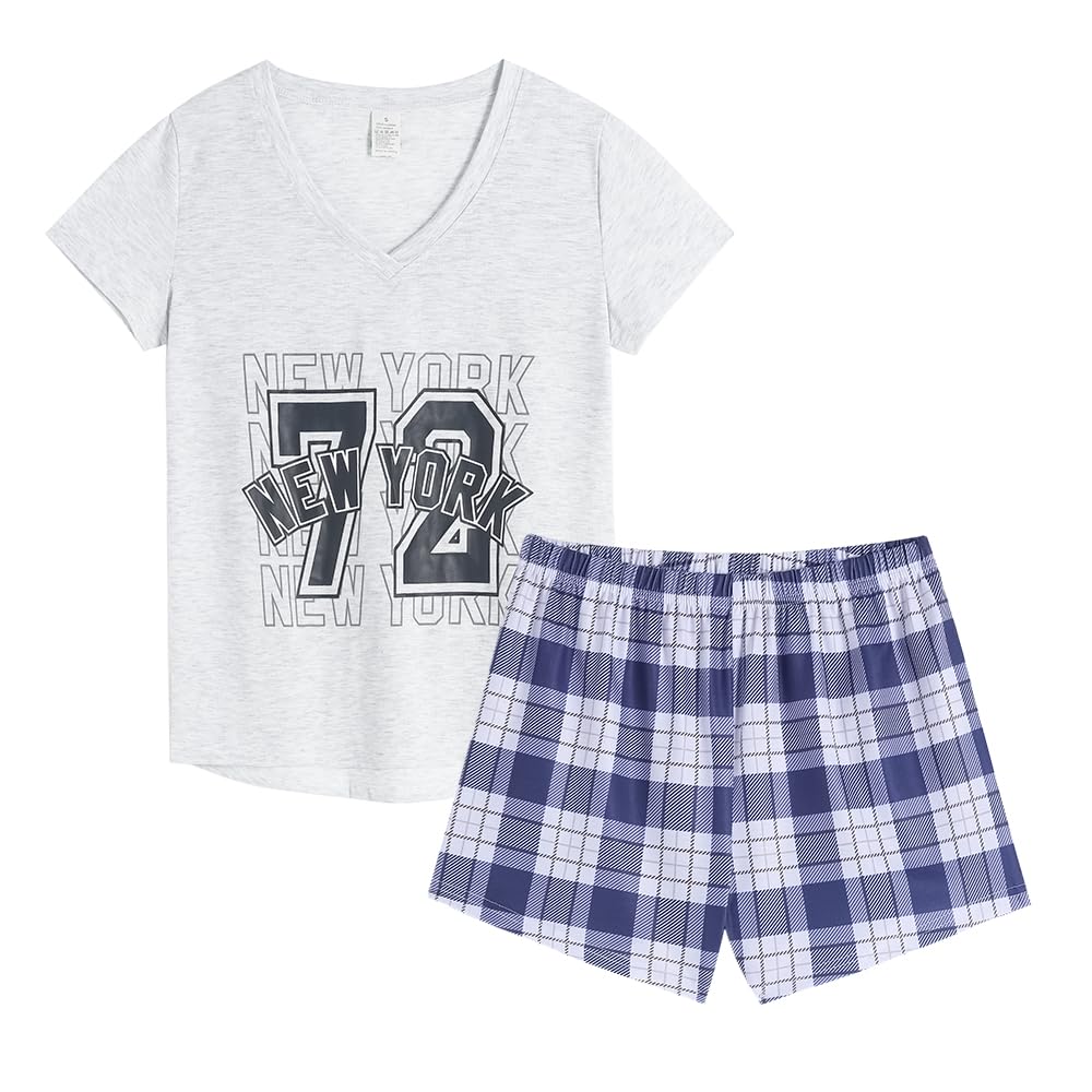 VENTELAN Pajama Set For Women Cute PJS Summer Short Sleeve Shorts Sleepwear XX-Large Grey-72