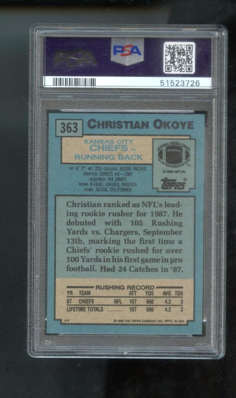 1988 Topps #363 Christian Okoye ROOKIE RC PSA 10 Graded Football Card NFL GEM