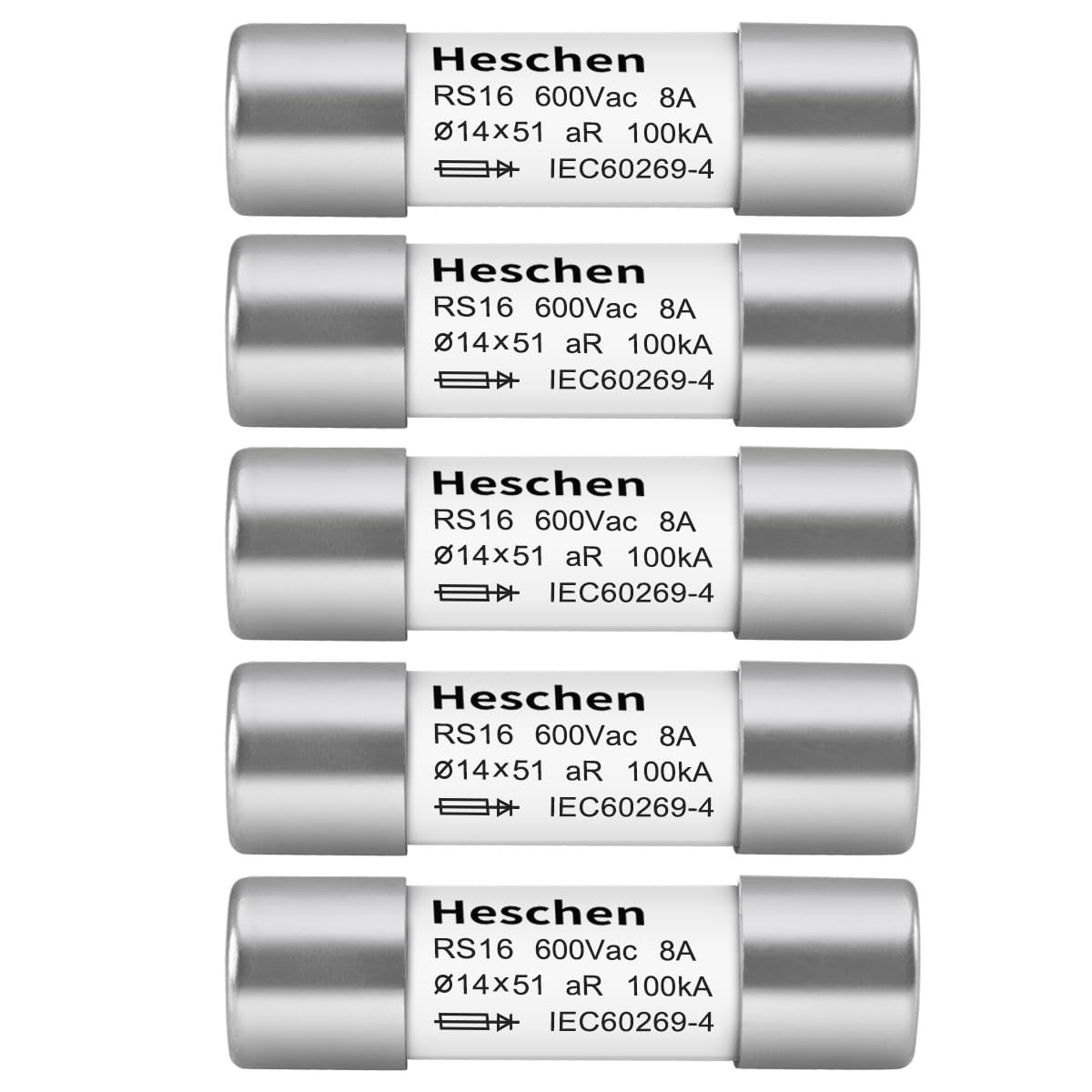 Цилиндрический керамический трубчатый предохранитель Heschen, RS16, тип AR, 14 x 51 мм, 8A 600 В переменного тока 100 кА, 5 шт.