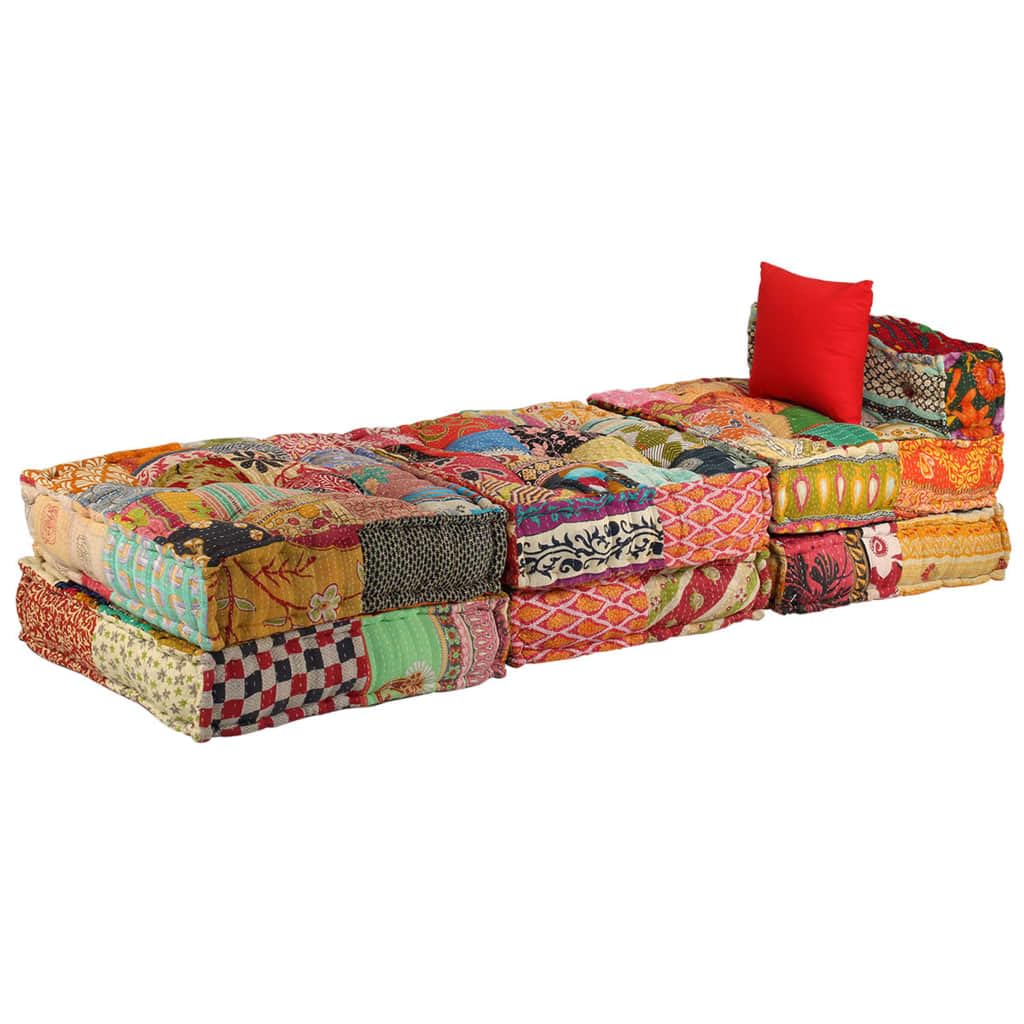 3-osobowa modułowa pufa z patchworkowego materiału bawełnianego, 180 x 140 x 58 cm, z 3 poduszkami, wszechstronna jako sofa, łóżko, ławka do siedzenia, do salonu, ogrodu, na taras, wysoki