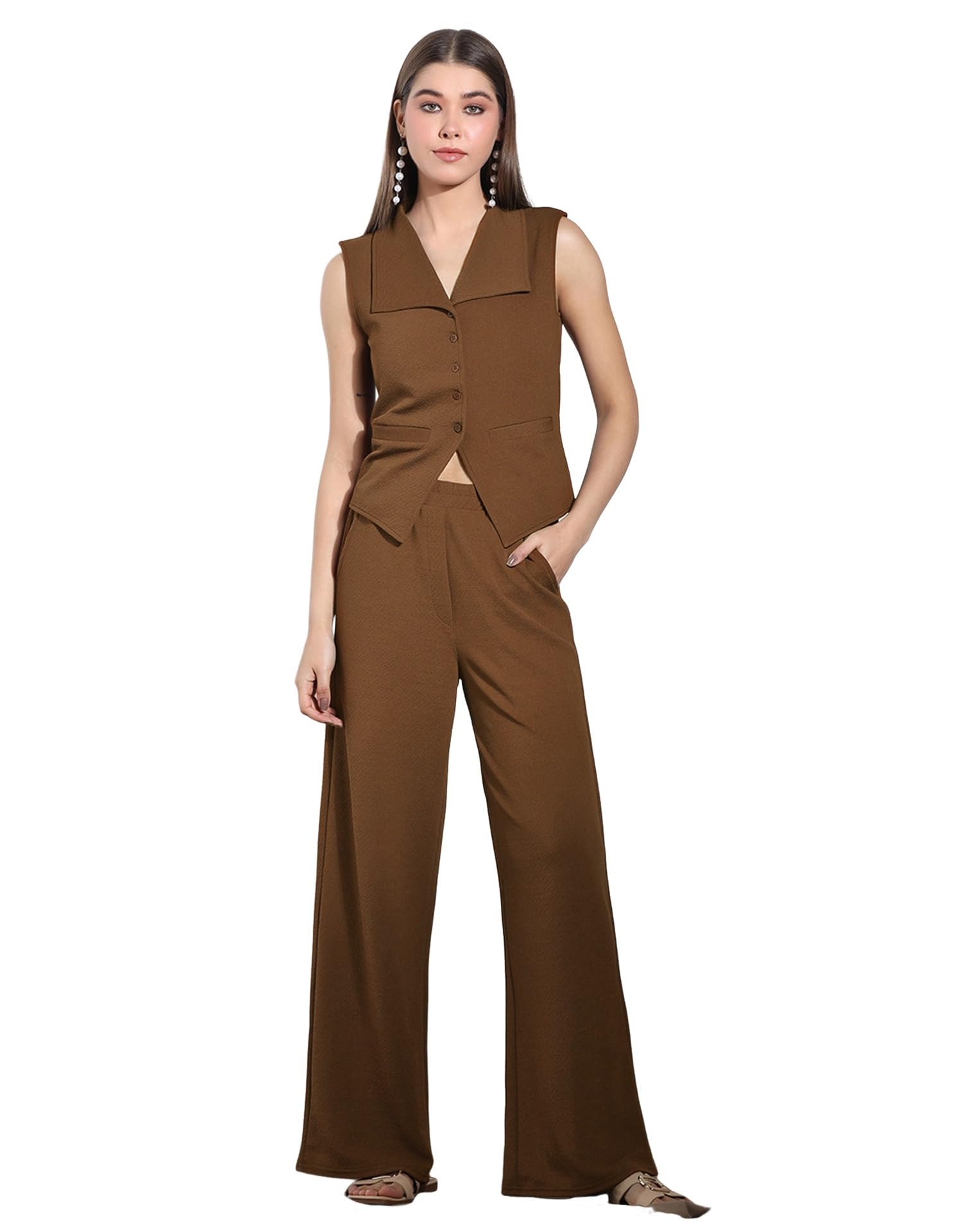 Women’s Co-ord Set, Button Waist Top with Wide Leg Pants, Stylish Casual & Office Two Piece Outfit-image-12