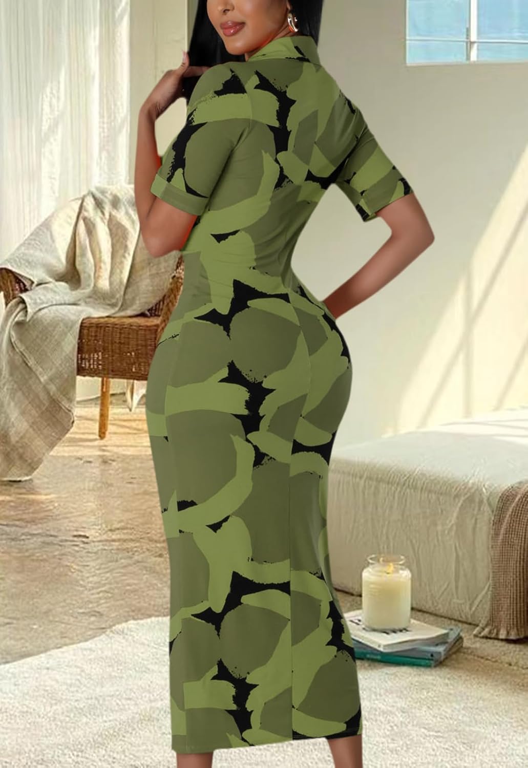 ZERMOM Women's Button Down Shirt Dress Short Sleeve Print Collar V Neck Summer Bodycon Midi Dresses - Image 4