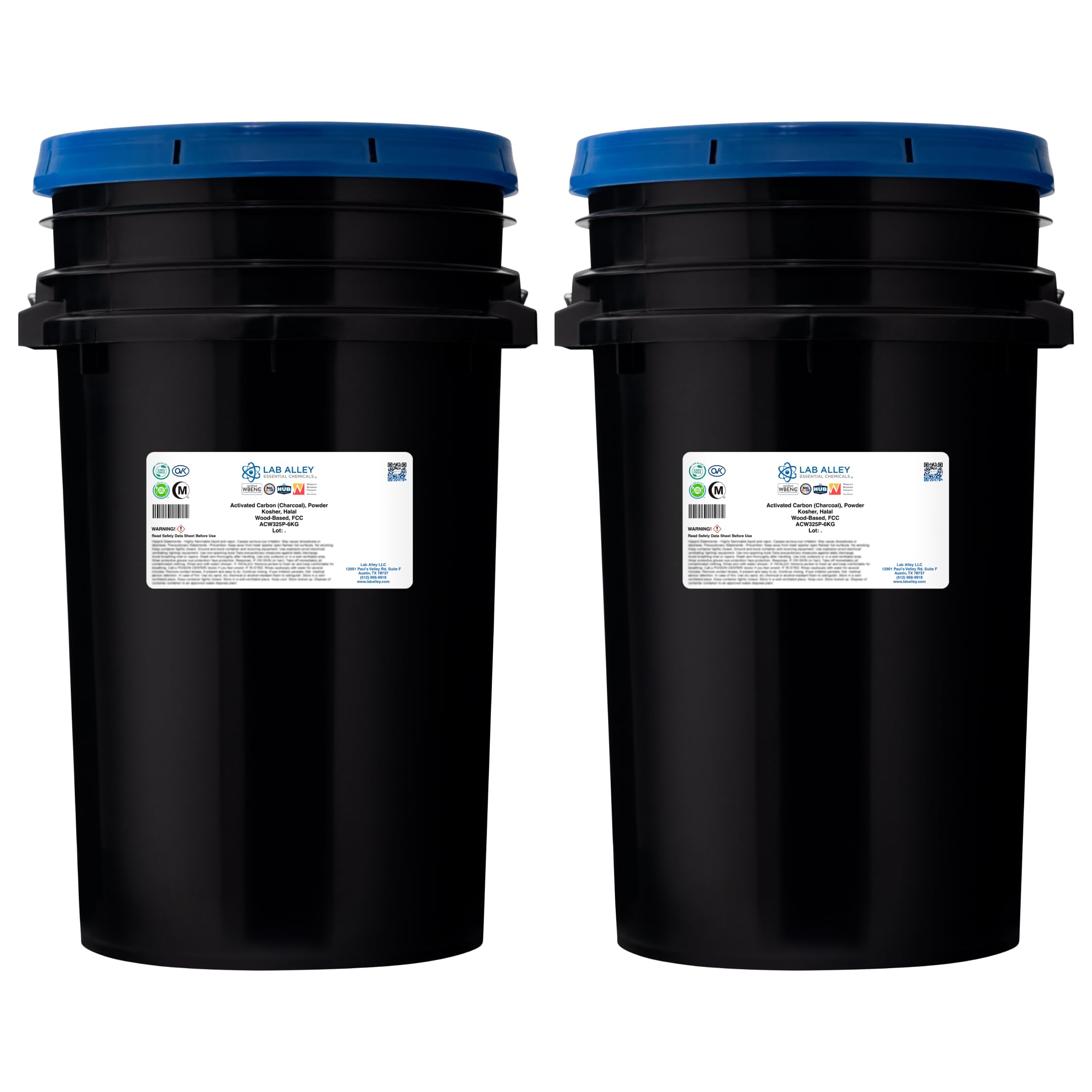 Lab Alley Activated Charcoal Powder, Food Grade, Kosher Certified, Halal, Wood Based, Ideal for Water & Air Filtration, Detoxifying Skincare Products, and Odor Control - (2 x 6Kg Containers)