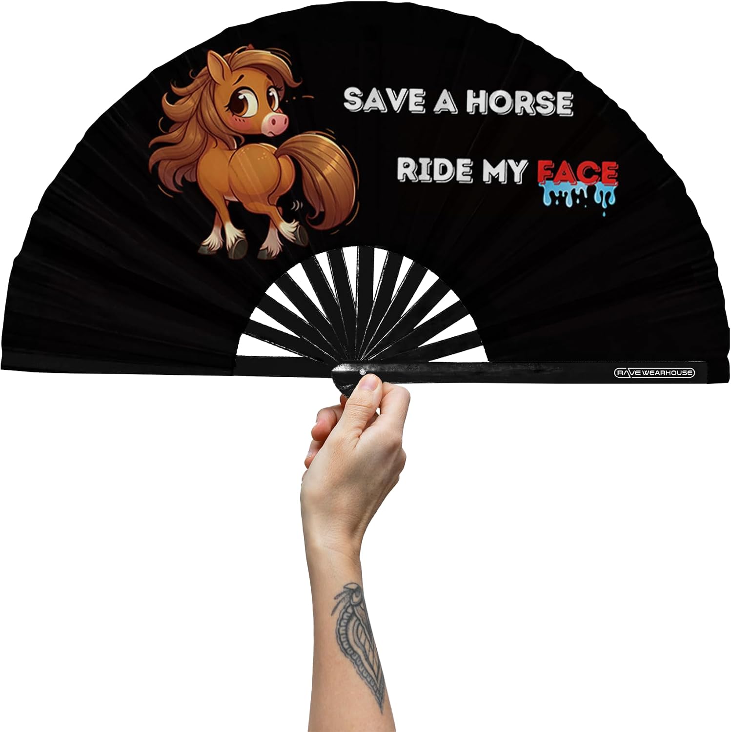 Rave Wearhouse UV Reflective Rave Fan - Large Bamboo Handheld Fan, Folding Hand Fan for EDM, Music Festival, Club, Event, Dance