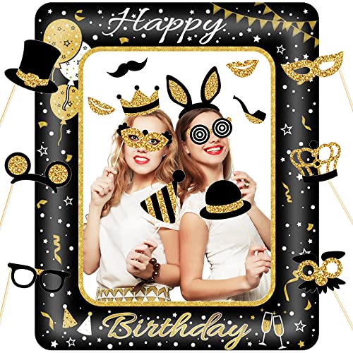 Marco de Fotos Inflable de Cumpleaños con 16 Accesorios para Fotos, Accesorios de Cabina de Fotos de Oro Negro, Marco de Selfie de Fiesta para Decoración de Cumpleaños