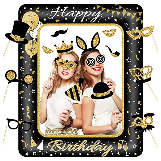 Marco de Fotos Inflable de Cumpleaños con 16 Accesorios para Fotos, Accesorios de Cabina de Fotos de Oro Negro, Marco de Selfie de Fiesta para Decoración de Cumpleaños