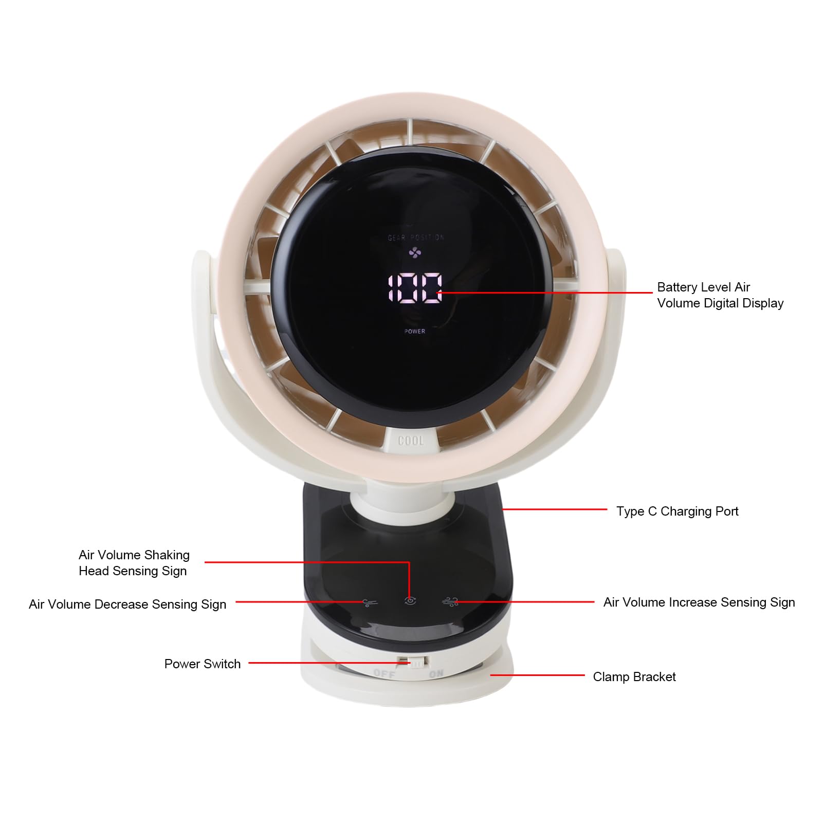Asixxsix Ventilatore portatile con morsetto, Ventilatore oscillante automatico con display digitale a LED, 100 impostazioni di velocità, Ventilatore di raffreddamento ricaricabile USB