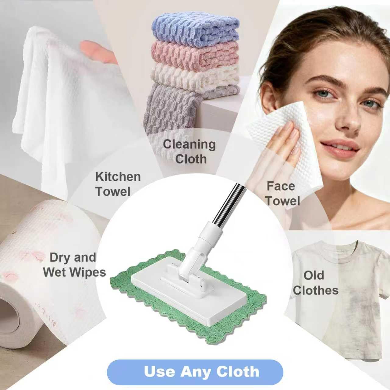 Snap Grip Mini Mop，360°Spin No Wash MopConvenient Cloth Adjustable for Wet/Dry Floors, Tile, Hardwood, Corners (5 Reusable Cloths)