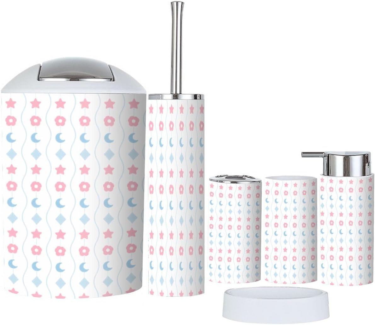 Bathroom Accessories Set 6 piece Pastel Cute Seamless Plastic shatterproof Vanity Organization countertop Decor for Home, Apartment, Dorm