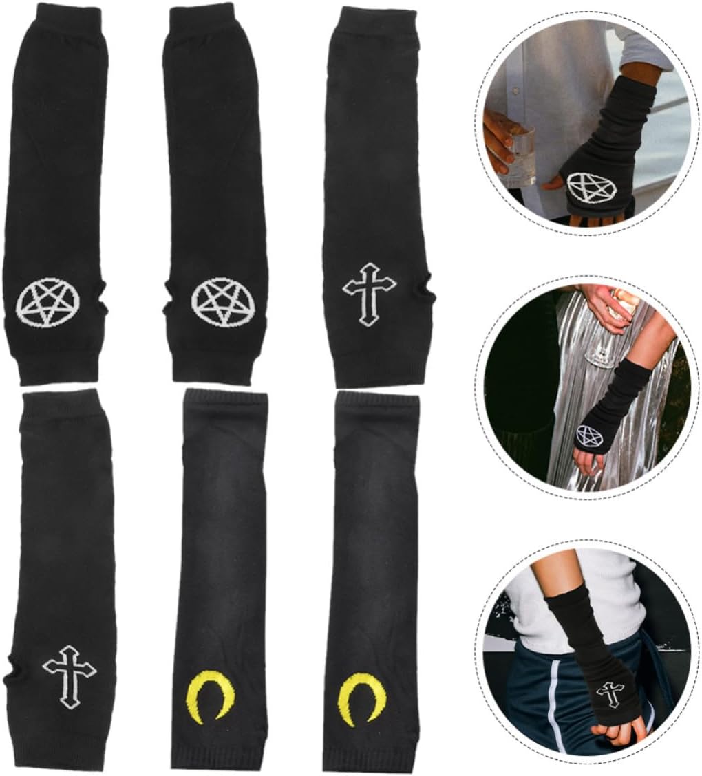 Levemolo 3 Pair Women Crochet Fingerless Gloves Black Knitting Material Winter Long Arm Warmers with Stable Craftsmanship for Cosplay and Costume Use