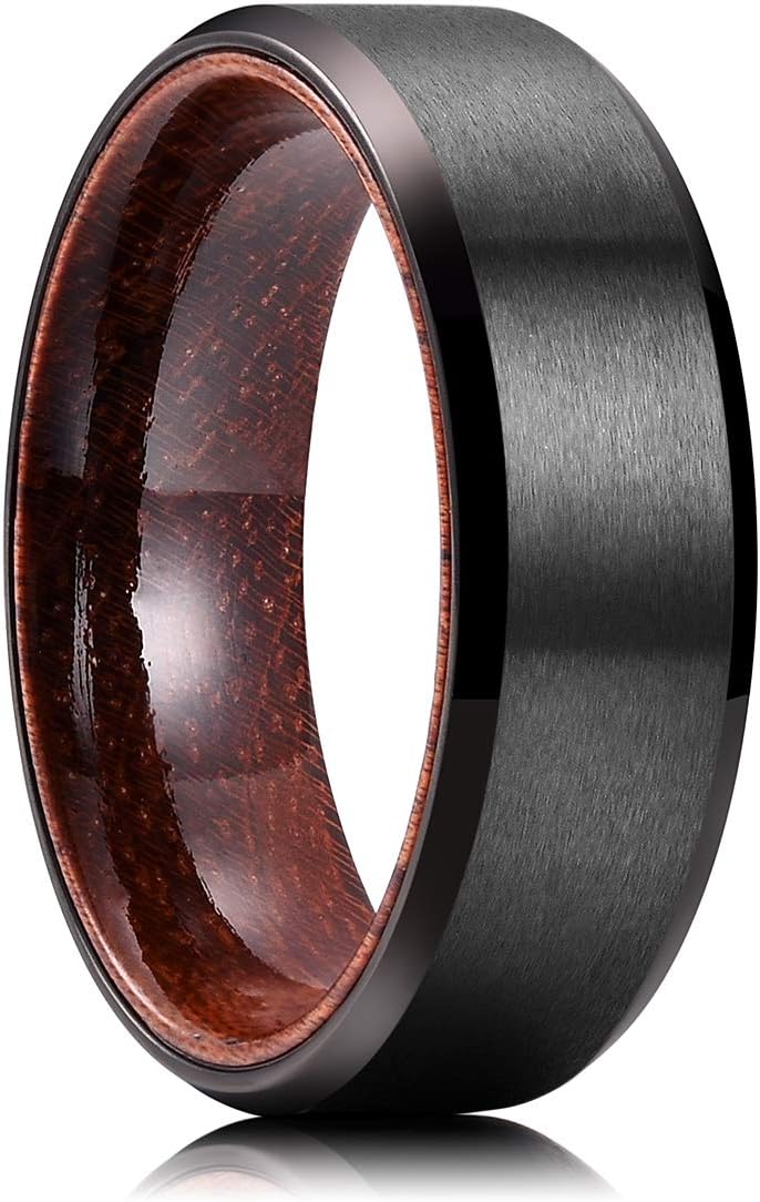 6/8mm Wedding Band for Men, Silver/Black Hammered Titanium Wedding Ring Inlaid Wood Inner Hole, Wedding Band for Men Matte Brushed Comfort Fit 7-14