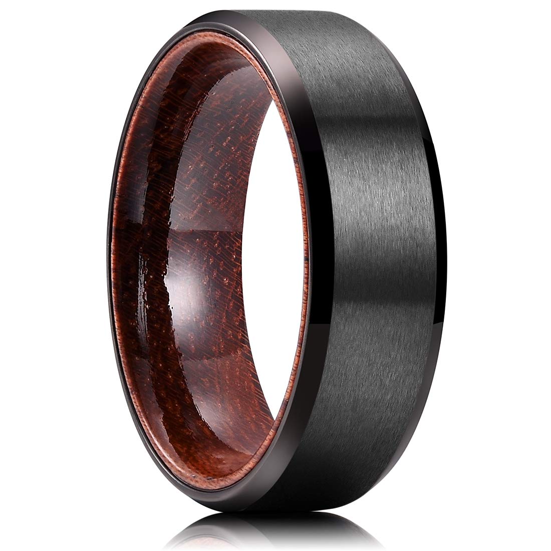 King WillMens 8mm Black Titanium Wedding Ring Inlay With Real Wood Comfort Fit Brushed Center 8
