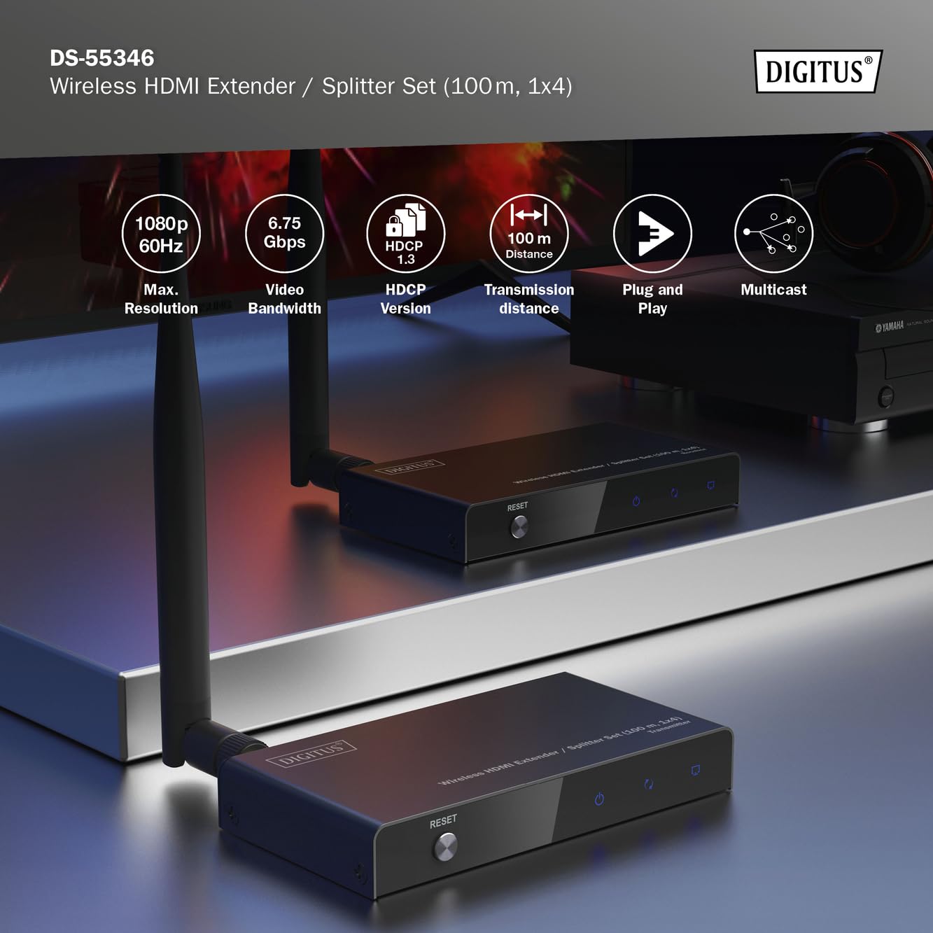 DIGITUS Wireless HDMI Extender Splitter (1x4) – Full HD 1080p 60 Hz | 100 m Reichweite – Set aus Transmitter und Receiver – Loop-Out, IR Infrarot – HDMI 1.4 HDCP 1.3