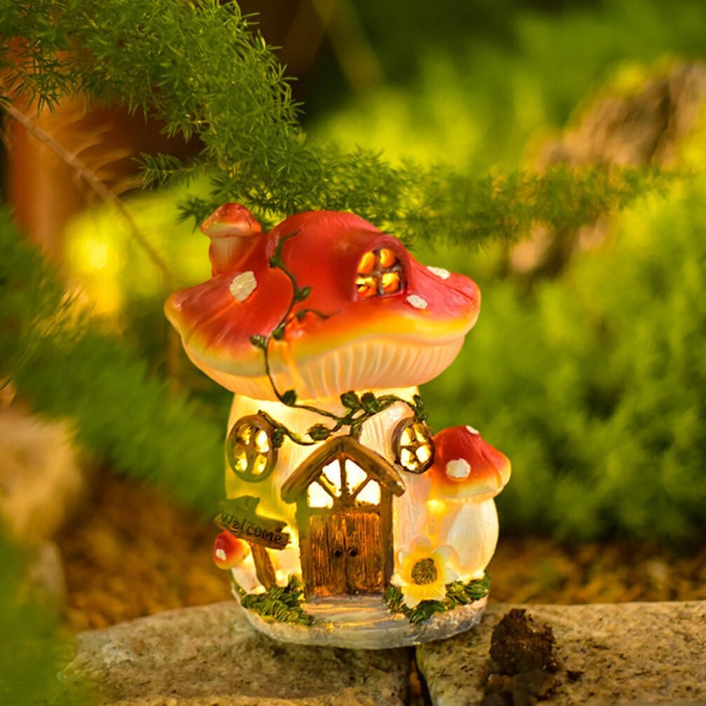 BESPORTBLE Mushroom House Lamp Solar Light Outdoor Garden Decor Resin Mushroom House Figurine for Lawn Ornament Weather Resistant for Pathway Patio Lighting