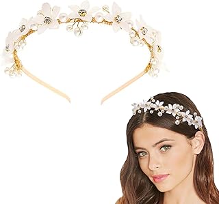 Qiansail ウェディング フラワー ヘッドバンド パール ヘアバンド ラインストーン ヘアバンド 花嫁 ヘアアクセサリー レディース ガールズ (ゴールド、ワンサイズ)