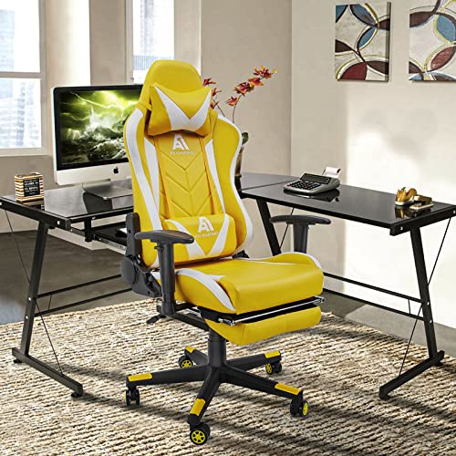 Image of AA Products Gaming Chair - High Back Ergonomic Racing Chair with Footrest, Lumbar Support & Swivel - YellowWhite