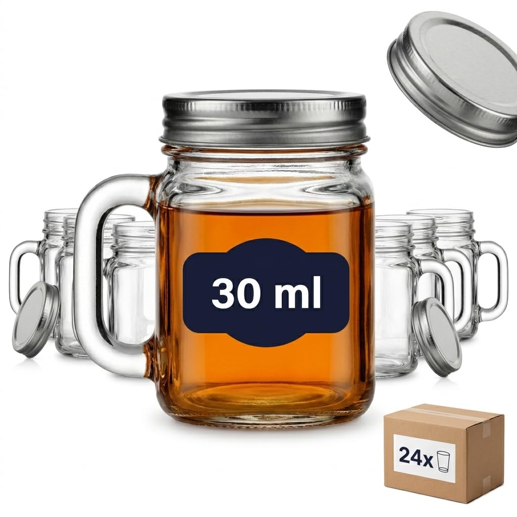 gouveo Set di 24 Mini bicchieri 30 ml con manico e tappo a vite (0,03 l) argentato – Bicchiere da shot, da liquore, di degustazione per buffet, bar di casa, catering (TGH030S)