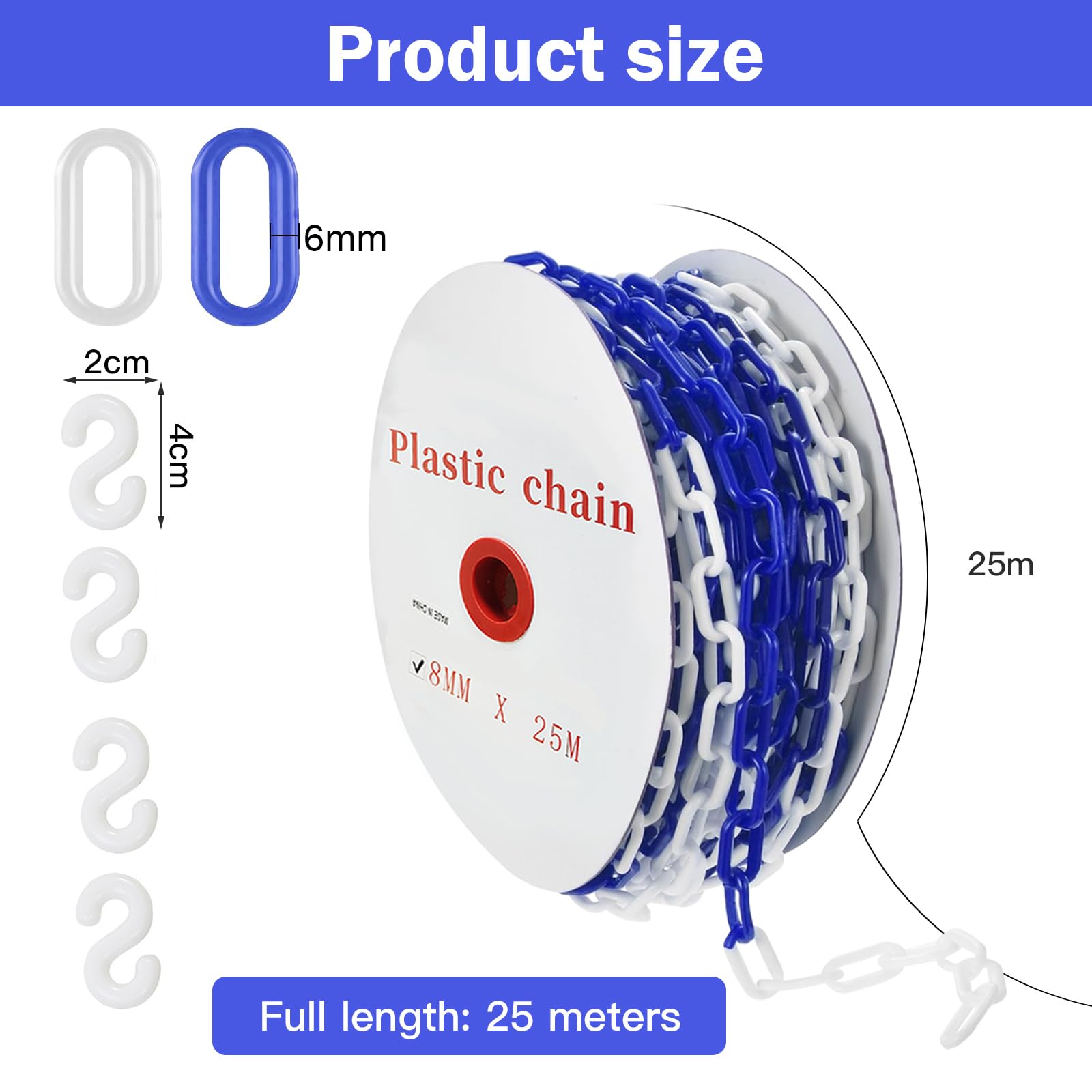 Chaîne de fermeture de 25 m, bleu/blanc, plastique, chaîne de fermeture de 8 mm, chaîne d'avertissement, chaîne en plastique avec 4 crochets en S, chaîne d'avertissement de sécurité en plastique pour