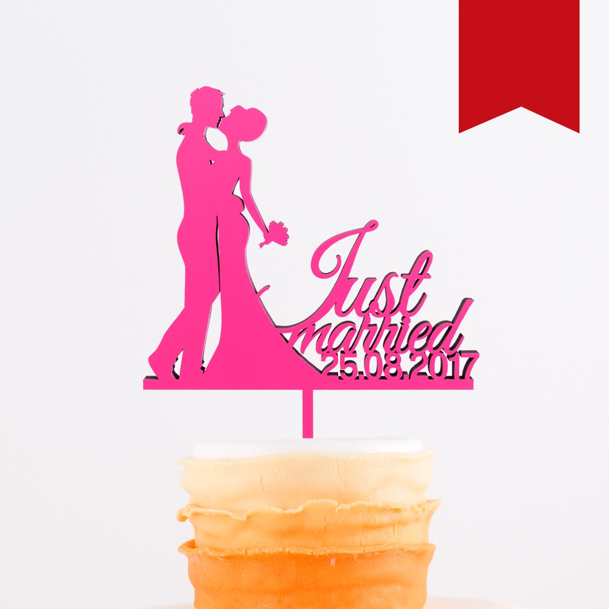 KLEINLAUT individueller Caketopper zur Hochzeit - mit Silhouette und Datum - 15cm breit - Wähle eine Farbe - Rot