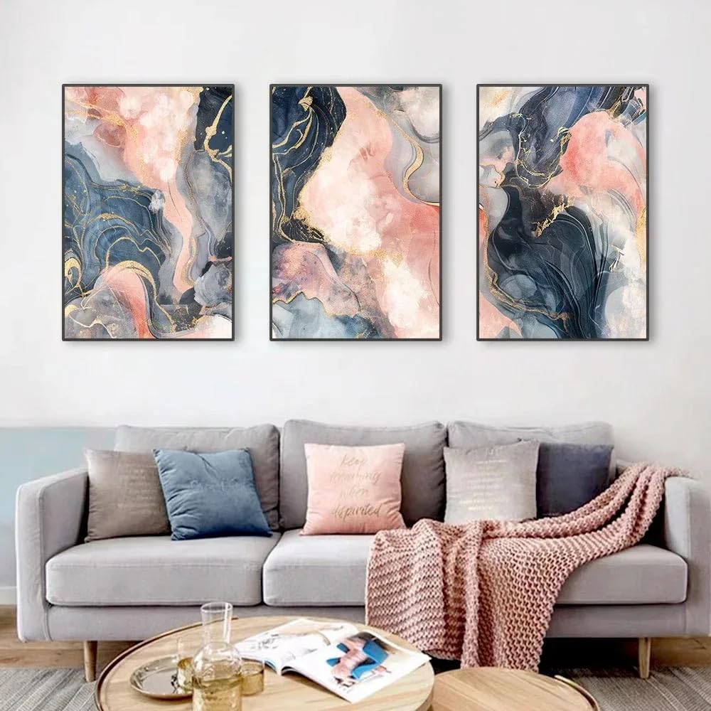 LMYSXAOZ 3pcs Abstract Pink Ink Painting Wall Art Luxury Gold Foil Marble Texture Poster Print Canvas Picture for Living Room Decoration-50x70cmx3 pcs No frame