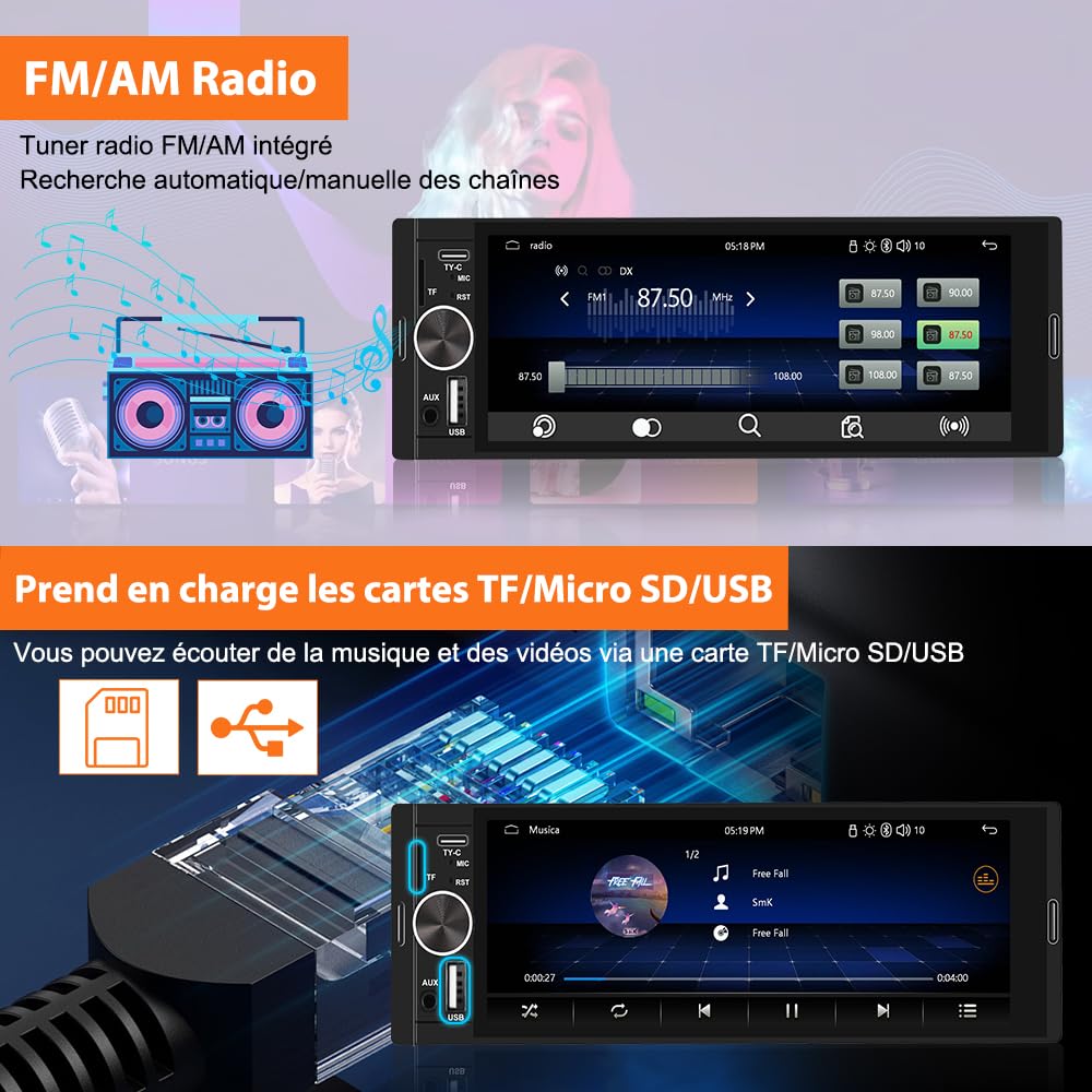 Autoradio 1 DIN CarPlay et Android Auto avec 6.36‘’ Écran Tactile HD/Bluetooth 5.0/Caméra de Recul Inclus/FM USB Type C/GPS/Airplay/Mirrorlink/Siri Commande Vocale