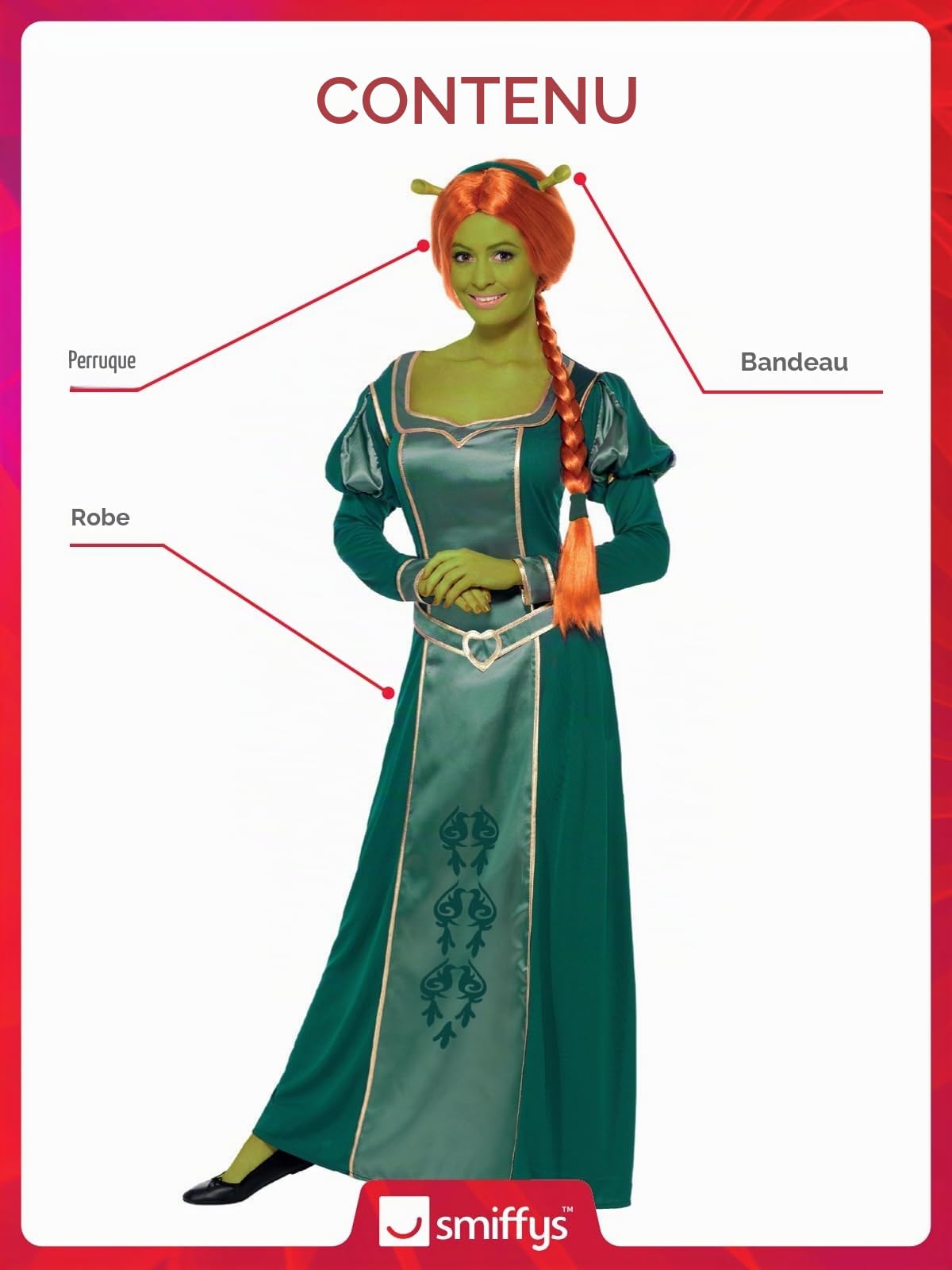 Smiffys Costume Shrek Fiona, vert avec robe, perruque et bandeau, déguisement sous licence officielle Shrek, déguisement pour adulte