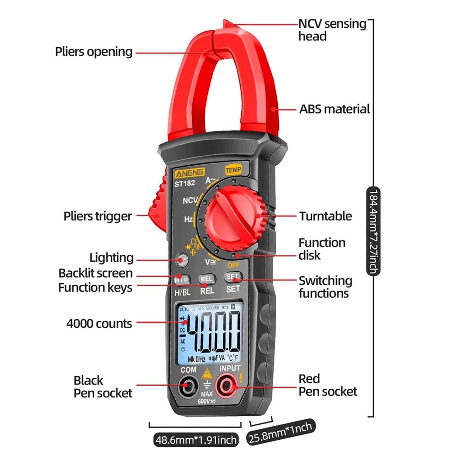 ST182 Digital Clamp Meter AC Current Multimeter DC/AC Voltage Ammeter Voltages Tester Amp Hz Capacitance NCV Ohm Test