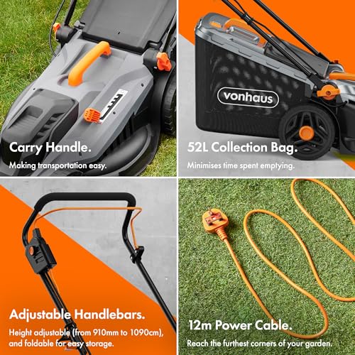 VonHaus Lawnmower 1800W – Electric Corded Lawn Mower for all Types of Grass – 52L Collection Bag, 430mm Working Width, 12m Cable, Foldable Height Adjustable Handlebar, 5 Depth Settings, Carry Handle 3 VonHaus Lawnmower 1800W – Electric Corded Lawn Mower for all Types of Grass – 52L Collection Bag, 430mm Working Width, 12m Cable, Foldable Height Adjustable Handlebar, 5 Depth Settings, Carry Handle - Image 3