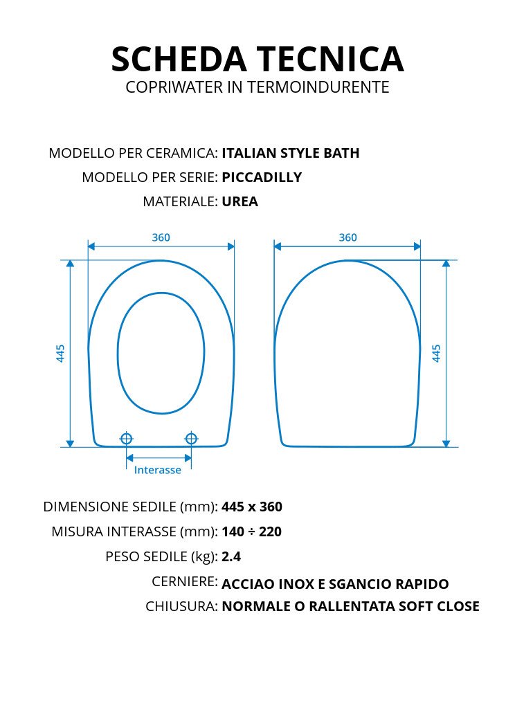 Copriwater per ITALIAN STYLE BATH PICCADILLY TERMOINDURENTE BIANCO cerniera inox normale o rallentata soft close