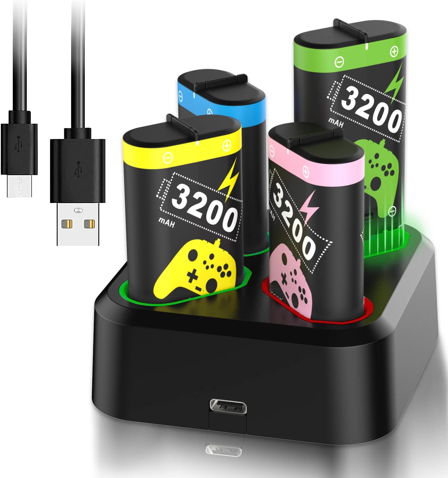 4 Pack 3200mAH Rechargeable Battery Packs with Dock USB Charger Station for Xbox One Controller Xbox Series X|S, Xbox One S/One X/One Elite