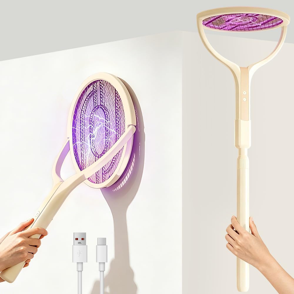 Rotating Head Electric Fly Zapper, 3000V Electric Fly Swatter with Auto & Manual Mode, 180° Electric Mosquito Swatter for Outdoor and Indoor Use, Safe 5-Layer Mesh, USB Powered, Yellow