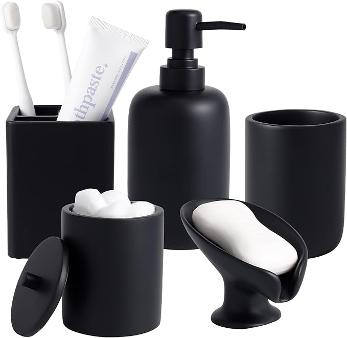 Resin Matte Black Bathroom Accessories Set of 5, Lotion