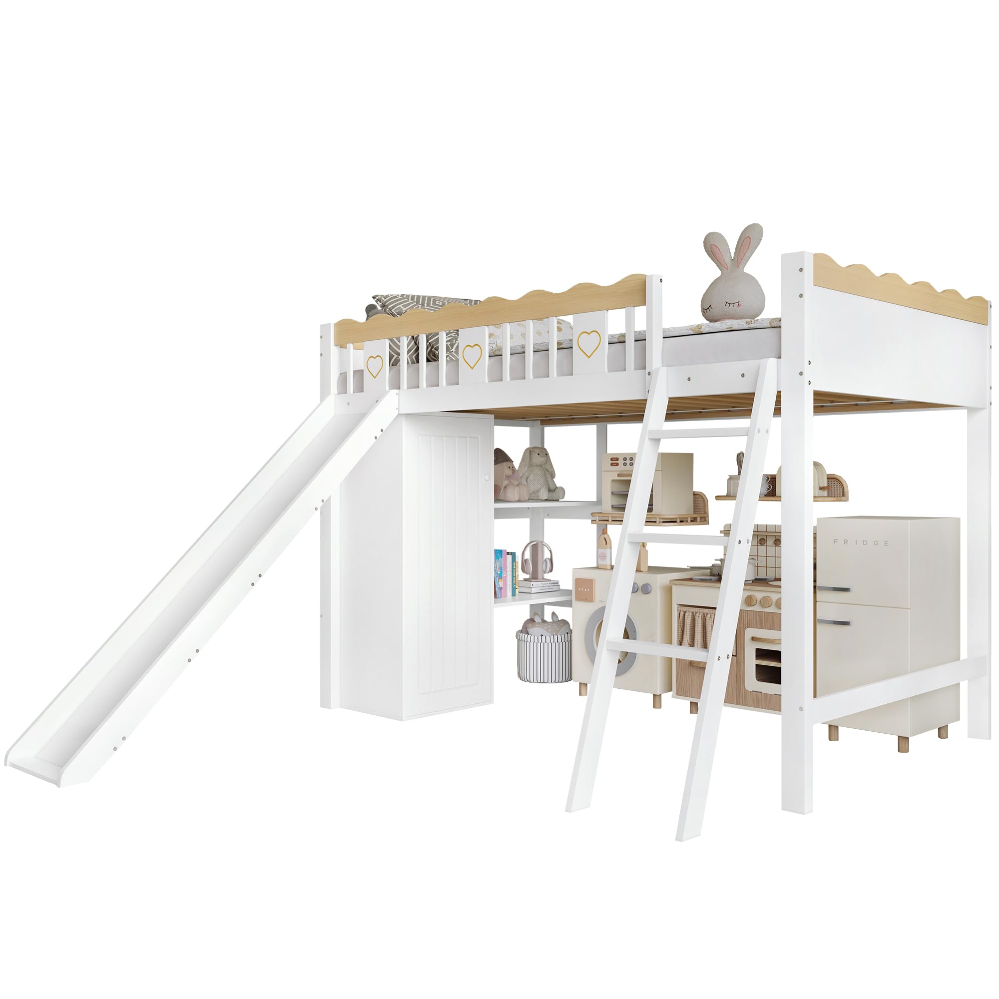 Azkoeesy Letto a Soppalco per Bambini con Scivolo, Scala Inclinata, Armadio, Mensole Librarie Integrate, Parapetto di Sicurezza Ondulato, in Pino Massiccio, Bianco, 90x200 cm