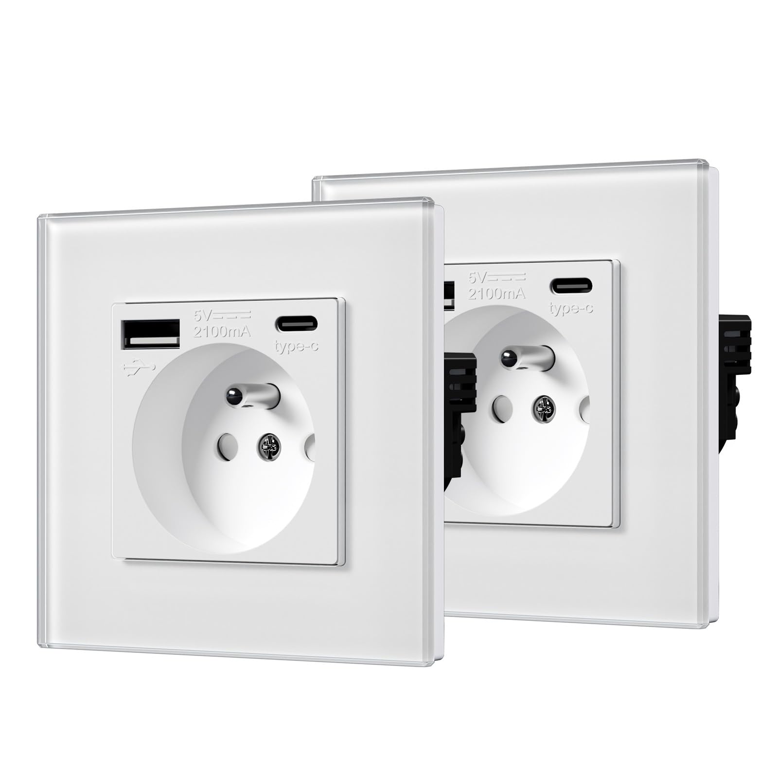 BSEED Prise Murale USB C 2 Paquets, Multiprise avec USB 2.1A 16A 240V 86mm Blanc
