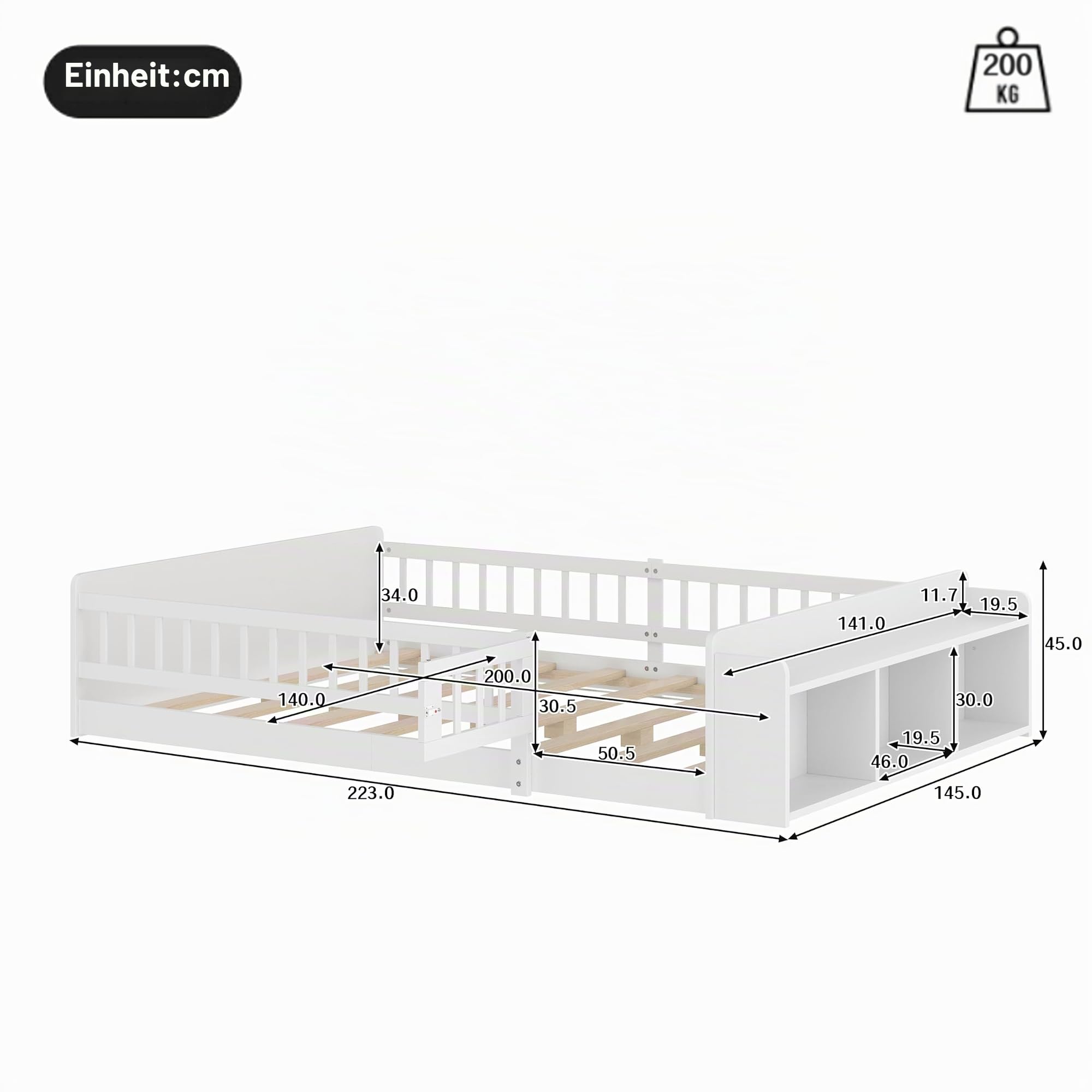 Merax Kinderbett Bodenbett 140x200 cm mit Rausfallschutz & Lattenrost, öffnbarem Zaun - Montessori Bett mit offenem Stauraum & Ablagen, Holz Bettgestell, Jugendbett, bis 200 kg belastbar