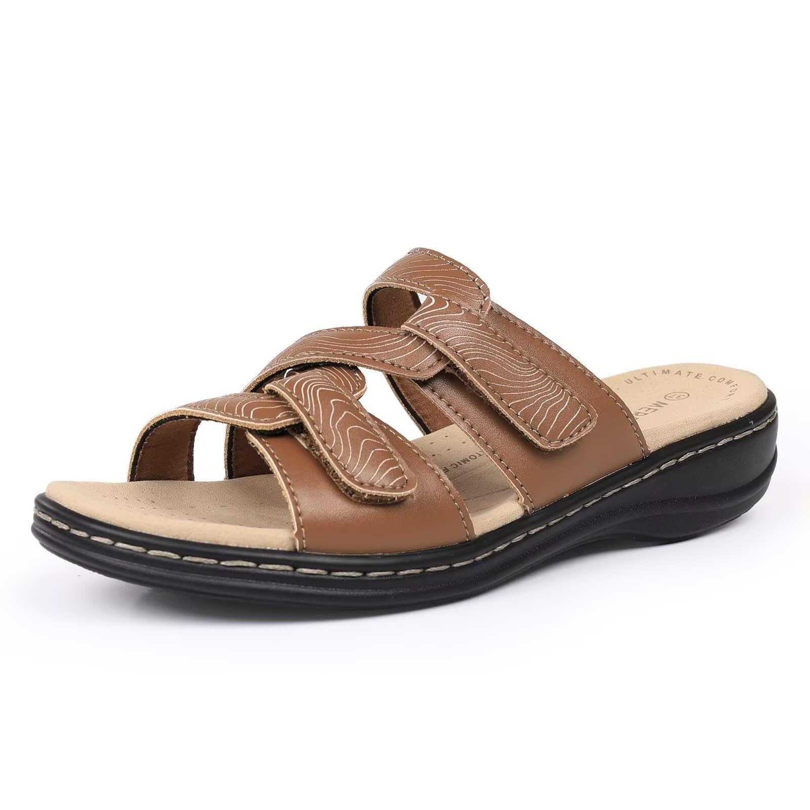 CIOR Women's Classic Leather Sandals, Black, Flat, Open Toe, Arch Support, Adjustable Strap, Casual, Water Resistant, Perfect for Beach, Street,