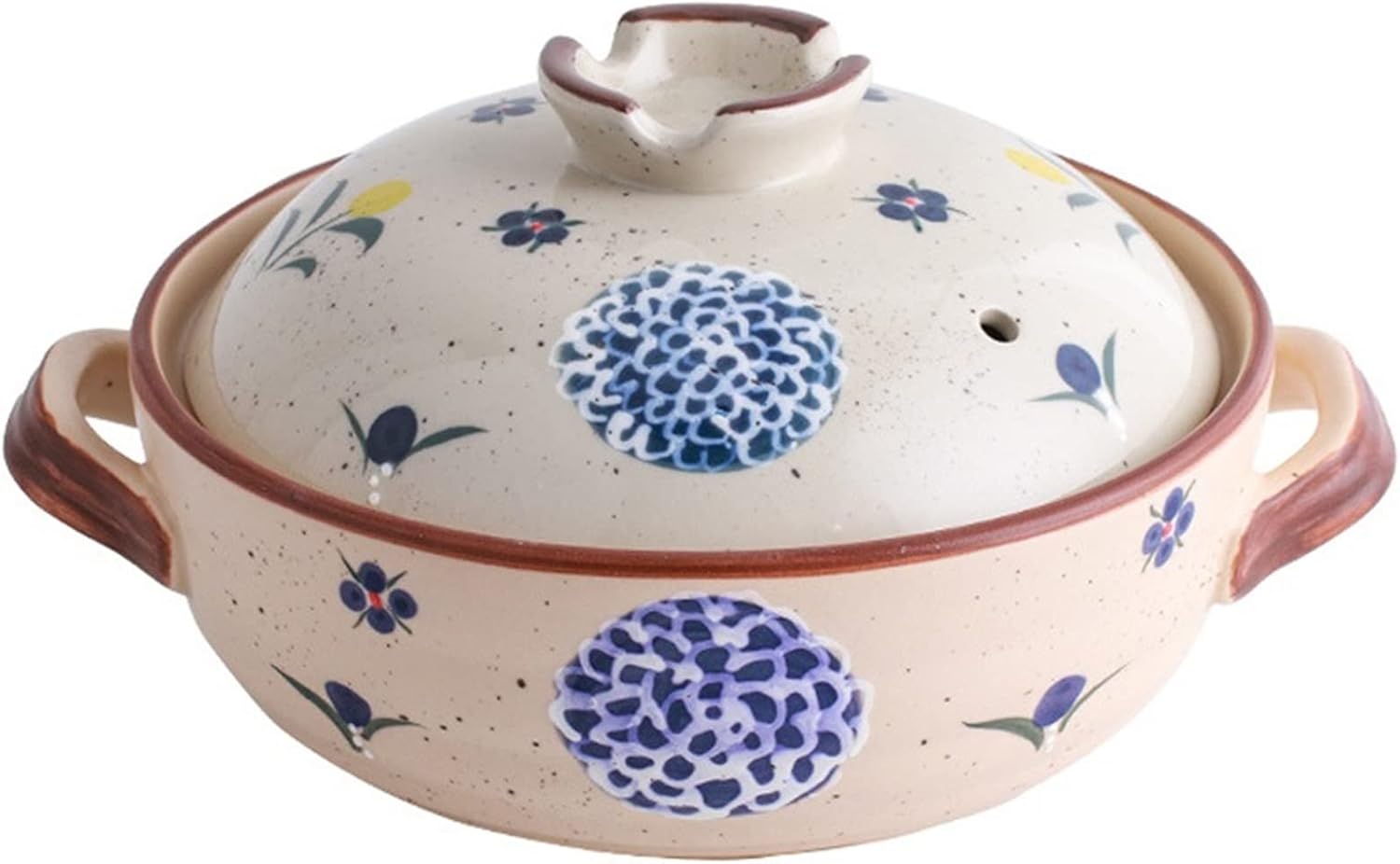 Ceramic Hot Pot, Round Porcelain Cooking Hot Pot with Lid and Handle, Ceramic Casserole,(Blue White,2.2L)