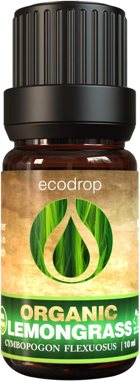 Ecodrop Lemongrass Essential Oil - 0.33 fl oz | 100% Natural Therapeutic Grade Cymbopogon Flexuosus Oil - Aromatherapy Massage, Diffuser & Bath Oil for Skin Clarity & Mindfulness - Certified Organic
