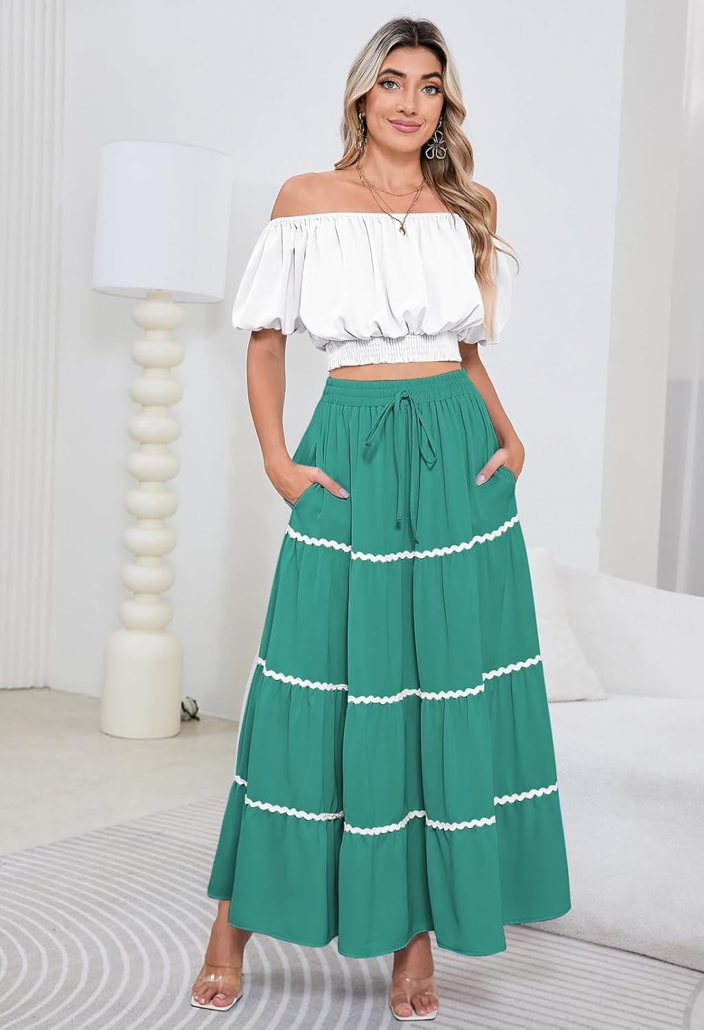 HUUSA 2026 Summer 2 Piece Boho Outfits for Women Short Sleeve Off Shoulder Crop Top and High Waist Flowy Long Skirt Set - Image 7