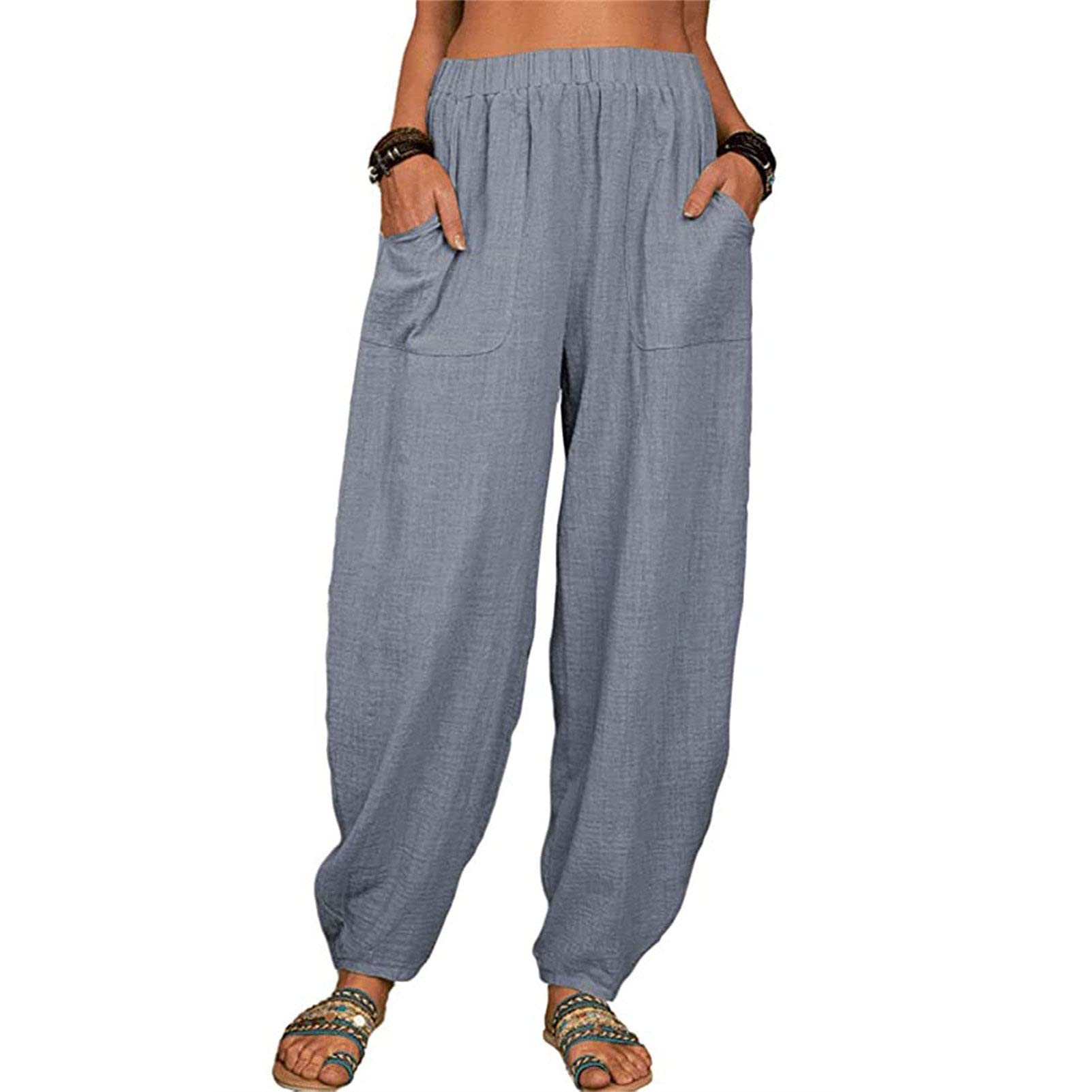 Maiyifu-GJ Women's Baggy Linen Wide Leg Pants Elastic Waist Casual Loose Long Trousers High Waisted Comfy Lounge Pant (Grey,5X-Large)