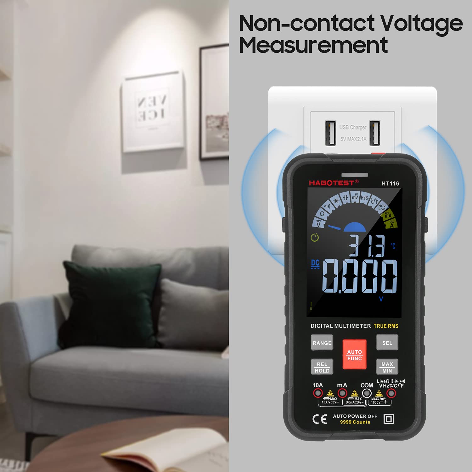 HABOTEST HT116 Multimetro digitale con 9999 conteggi Vero RMS per misurare tensione CA CC corrente resistenza capacità frequenza temperatura e continuità - Tester elettrico