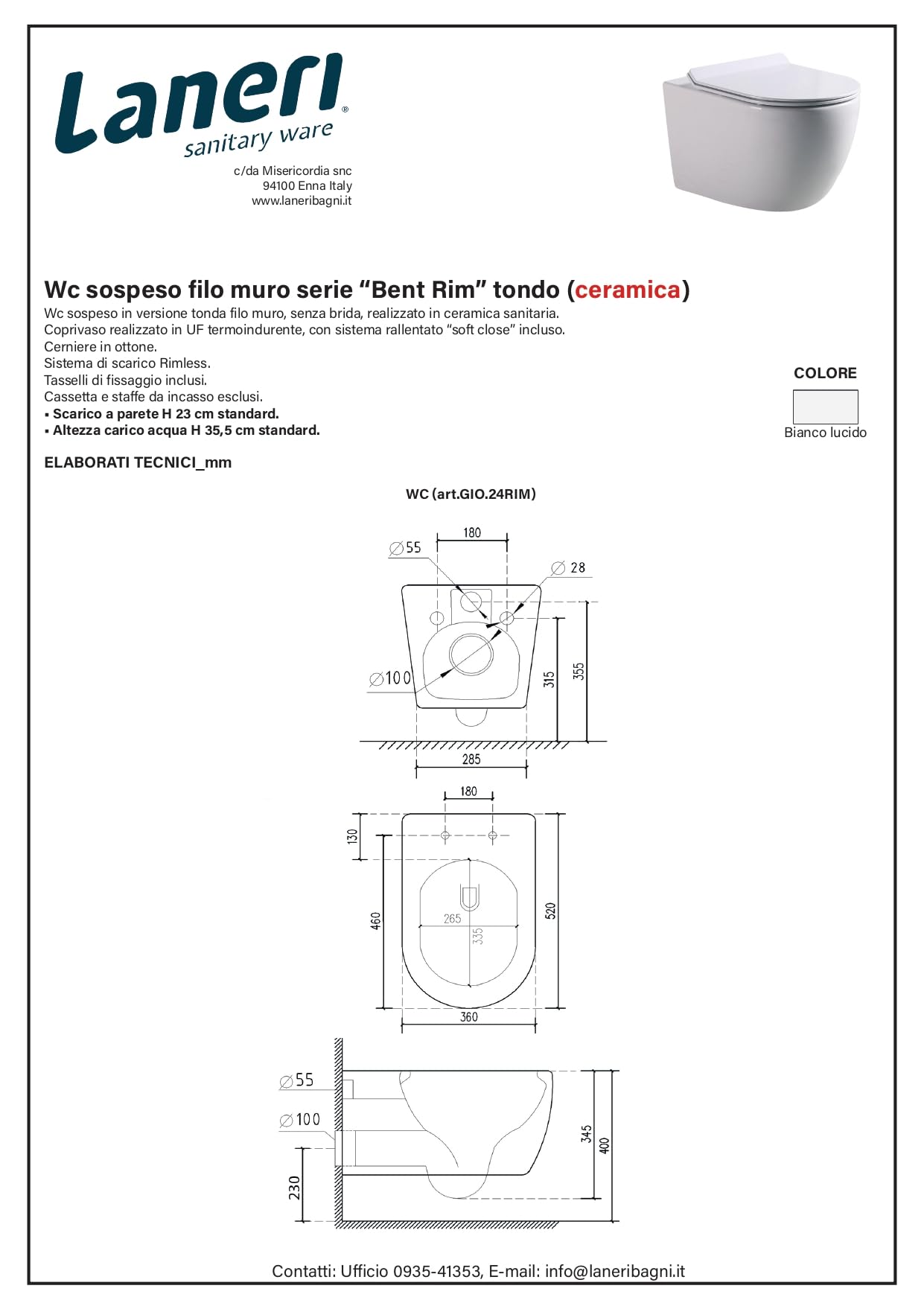 LANERI WC SOSPESO Serie Bent Rim - Vaso Sospeso Rimless - Senza Brida - Bianco Lucido - Misura cm. 52 - Coprivaso Soft-Close
