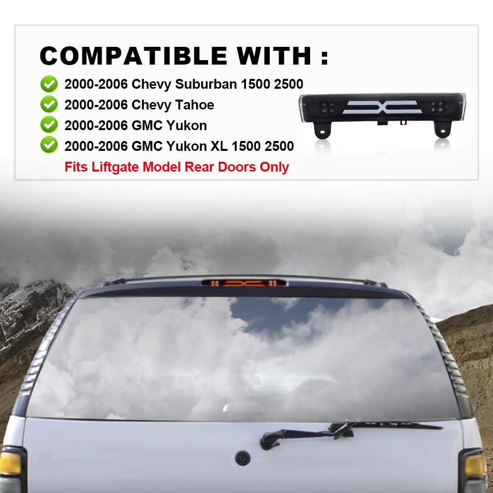 CHEDA Third Tail Brake Light Rear Stop Lamp LED Bar Compatible with 2000 2001 2002 2003 2004 2005 2006 Tahoe Yukon(Smoky lens Black Bottoms)