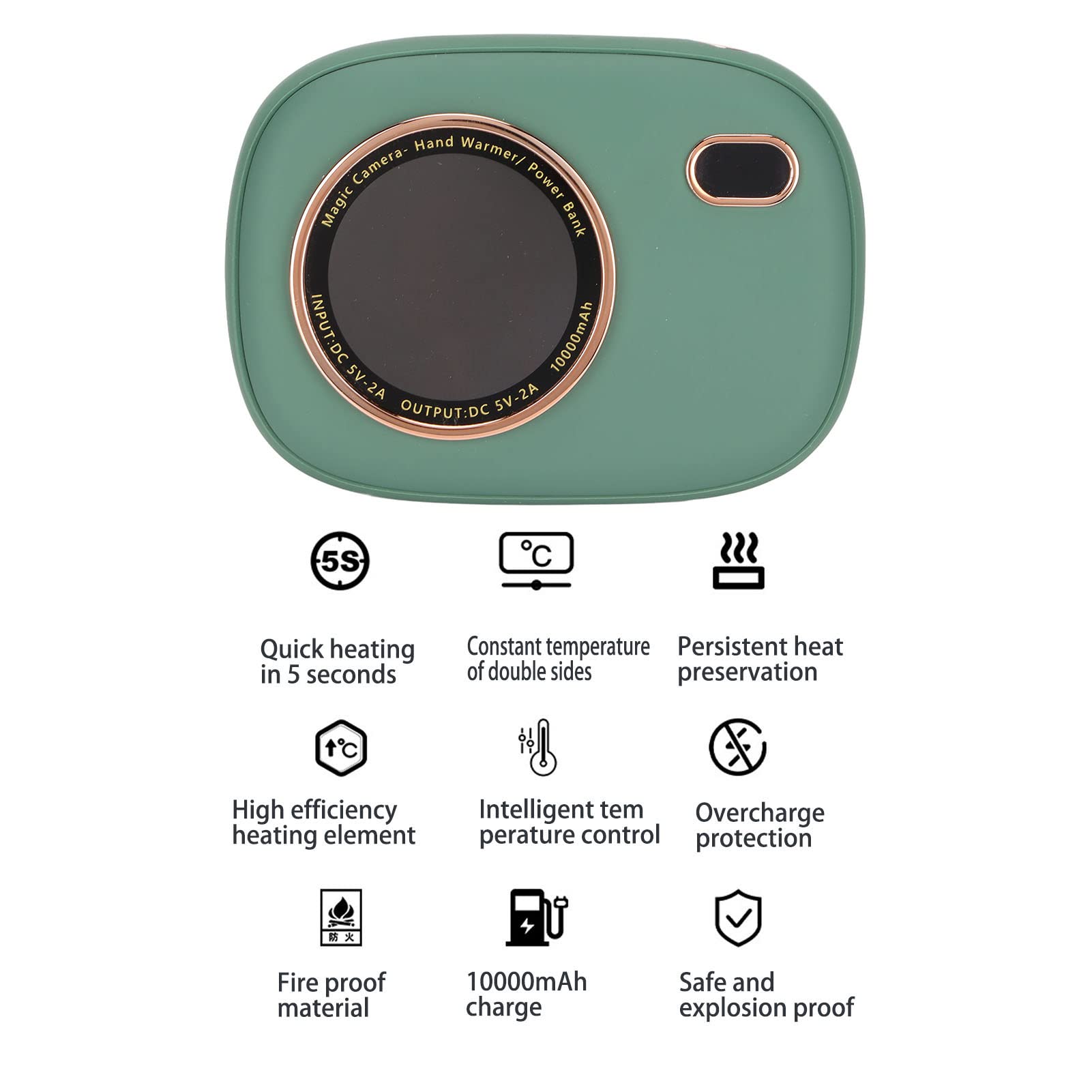 Akumulatorowy ogrzewacz do rąk Elektryczny ogrzewacz do rąk Akumulator 10000mAh Power Bank z wyświetlaczem LED na Camping Zimowe dni śnieżne(Green)