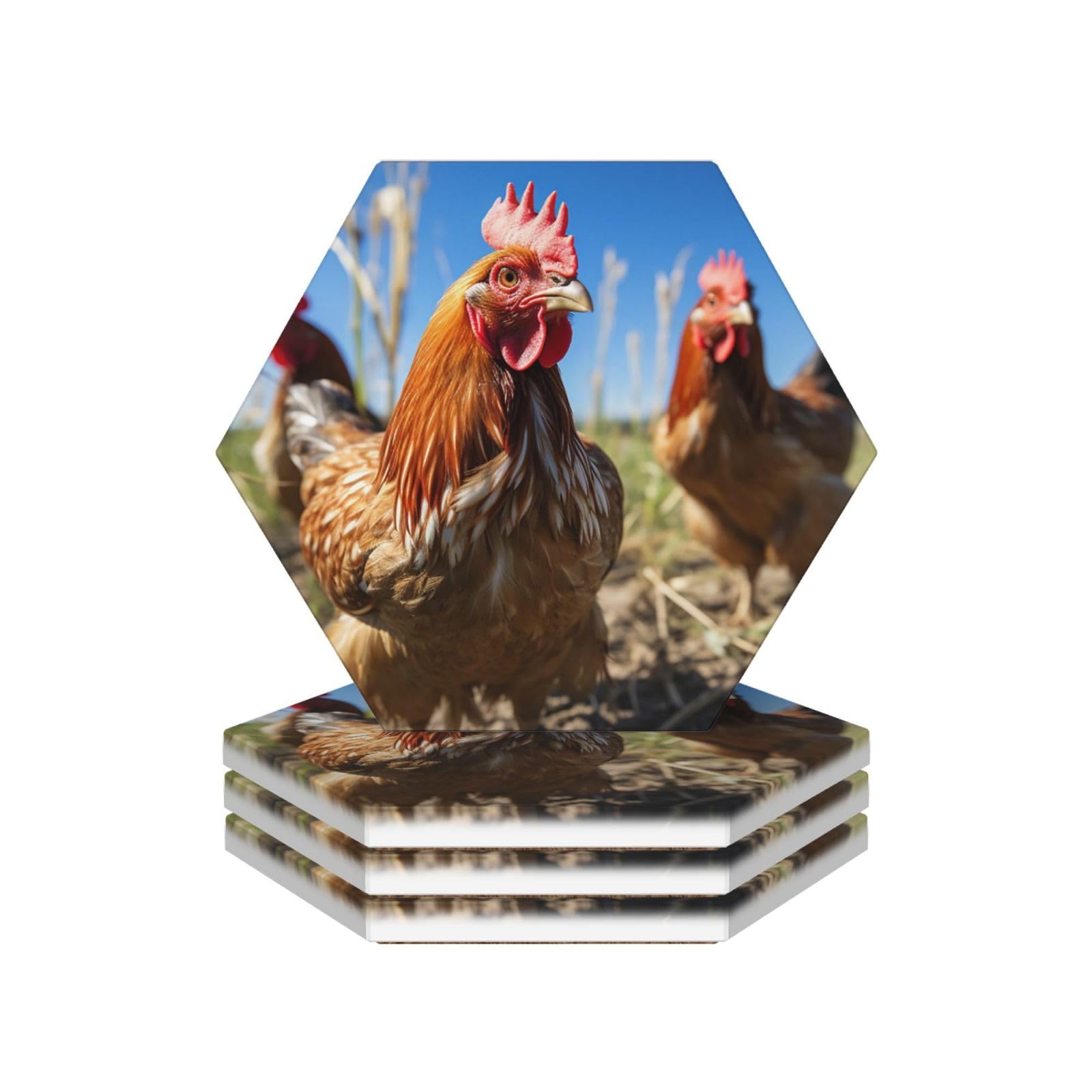 Drink Coasters Set of 4 Ceramic Coaster Funny Chicken Grass Coasters for Drinks Cups Mugs Mat Pads Absorbent Non-Slip Decorative Cup Coaster for Coffee Table Kitchen Bar Home Decor