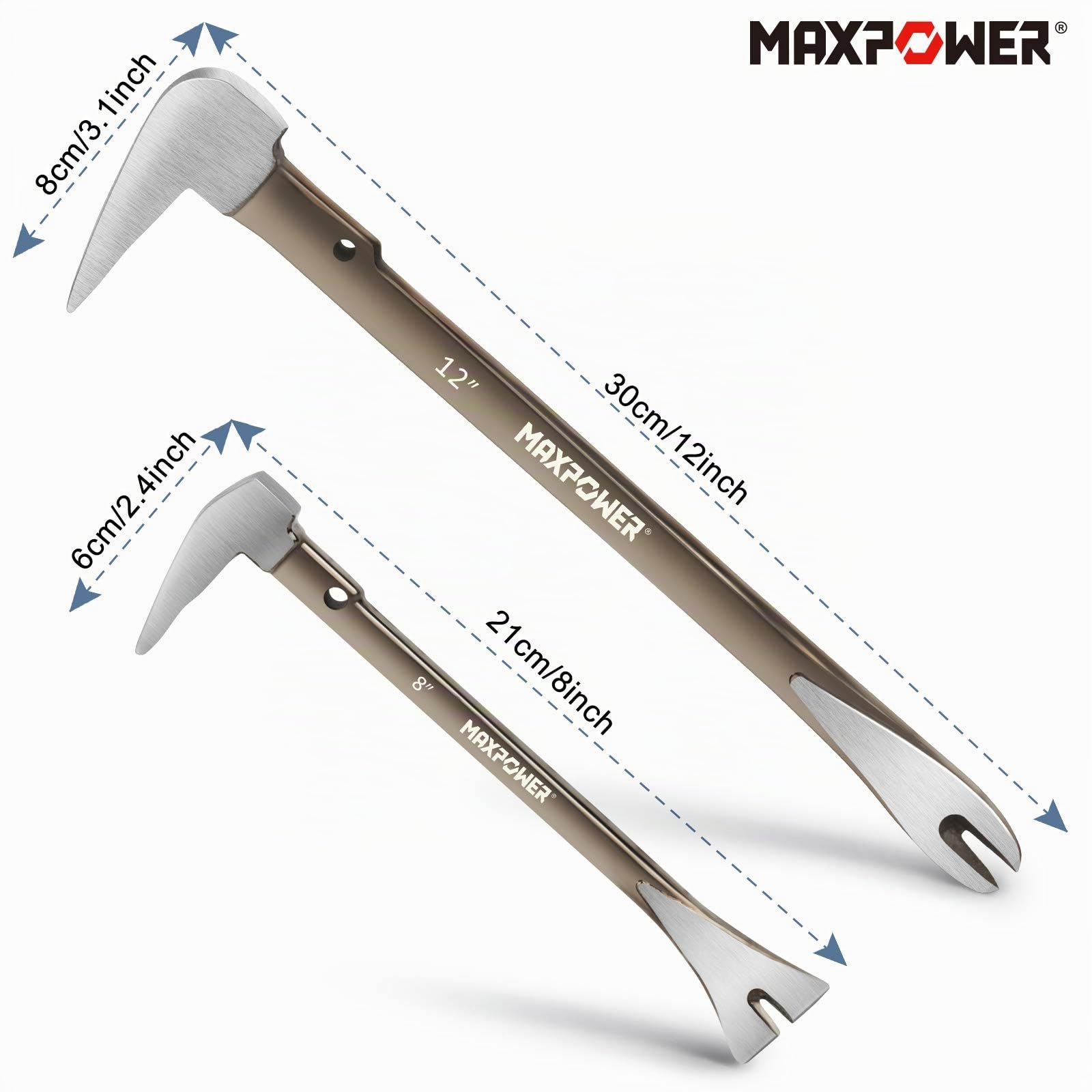 MAXPOWER Pied de Biche,Arrache Clou,2 Pièces Arrache-Clous,Petit Pied de Biche Pry Bar Set 8-Inch/21cm and 12-Inch/30cm Arache clou