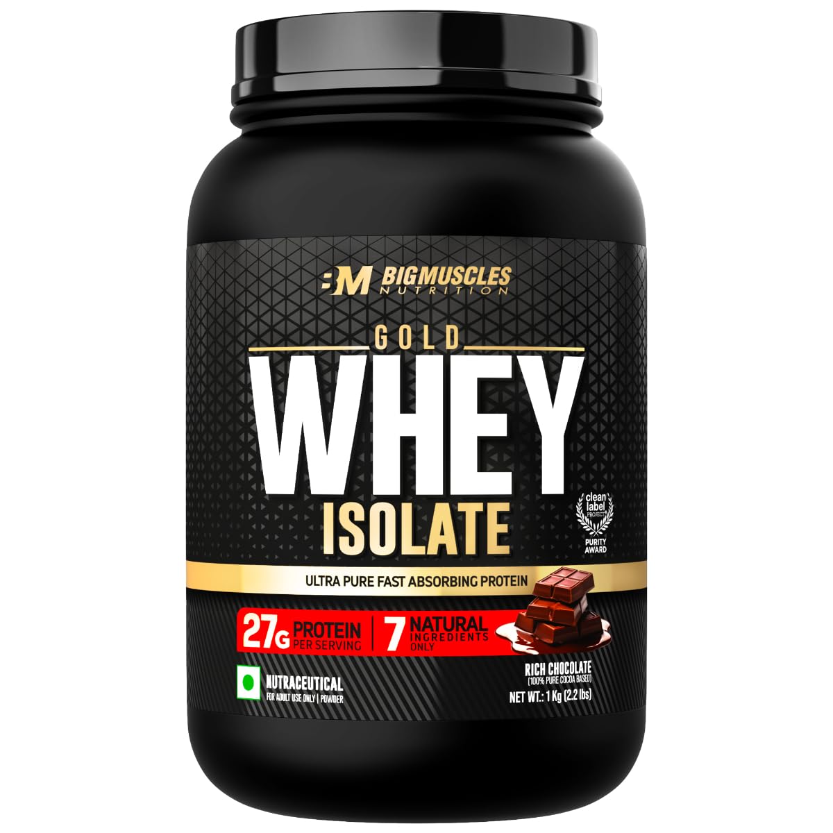 Bigmuscles Nutrition Gold Whey Isolate (1kg, Rich Chocolate) | 27g Whey Protein Isolate 90% | 7 Natural Ingredients Only | 0 Added Sugar | Clean Label Project Purity Award USA