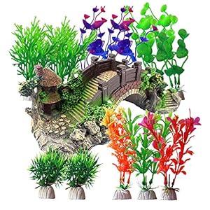 Kingrun Pianta Piante Artificiali Acquario Ornamenti Kit, 12 Pezzi Acquario Piante Fish Tank Decorazioni, Acquario Ornamento Poly Resina Ponte Paesaggio per Acquario Decorazioni
